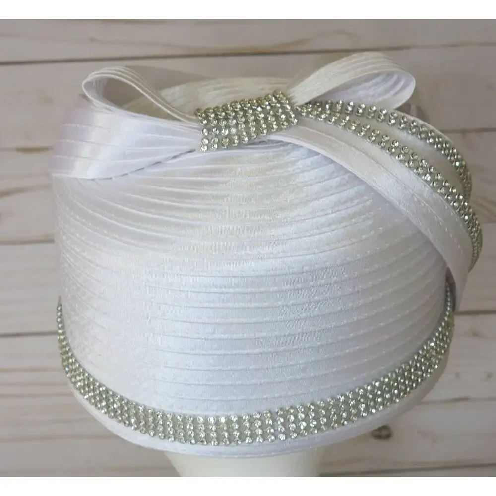 CHARM'S Hat Church/Kentucky Derby/Wedding Rhinestone Layers White Church Glam